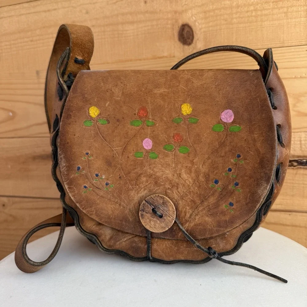 VTG 60's Hand Made Hippie Leather Shoulder Bag Purse Floral Embossed Boho *Flaws
